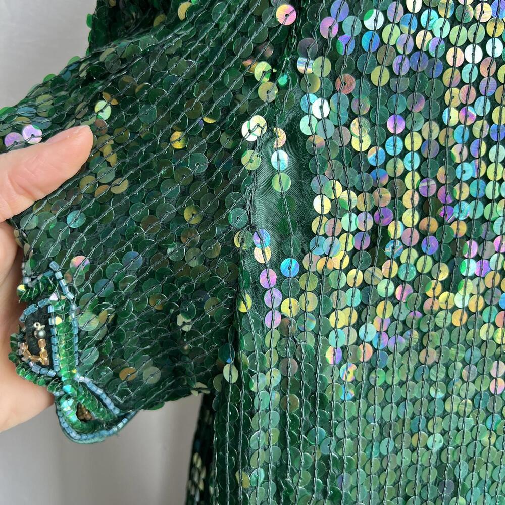Vintage Braemar Silk Sequin Beaded Top Green 80s Evening M - Picture 8 of 14